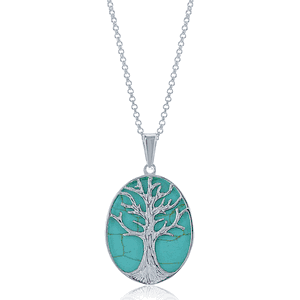 Sterling Silver Large Oval Created Green Turquoise with Tree Pendant WChain  - K-7232