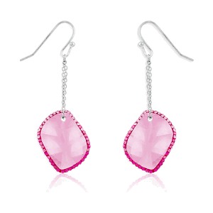 Sterling Silver Large Pink CZ wSurrounding Pink Crystals Dangling Earrings  - D-4825