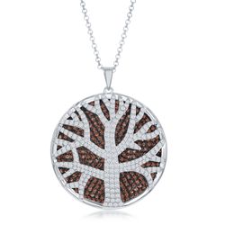 Sterling Silver Large Round Tree of Life with White & Brown CZs Pendant WChain  - K-8000