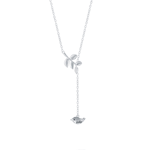 Sterling Silver Leaf with Hanging Bird Lariat Necklace - 16 Inch - L-3985