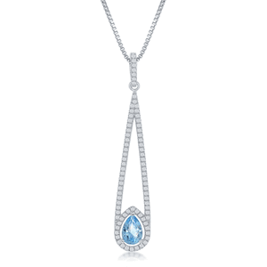 Sterling Silver Long Open 0.7ctw White Topaz with 0.8ctw Swiss Blue Teardrop Necklace - 17 Inch - BLK-8019