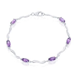 Sterling Silver Marquise Shaped Amethyst Gemstone Bracelet - 7.25 Inch - T-7151