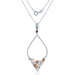 Sterling Silver Marquise w Pink Milky&comma; & Brown&comma; Champagne&comma; and Whtie CZ Pendant WChain  - K-7526