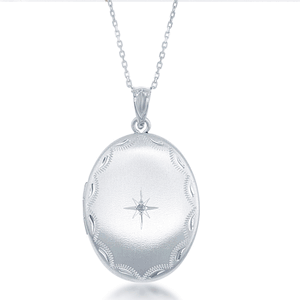 Sterling Silver Matte with Diamond Border and Center Diamond Star Oval Locket  - DIJ-2660