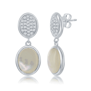 Sterling Silver Micro Pave and Mother of Pearl Oval Earrings  - D-7002