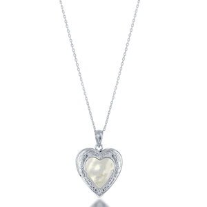 Sterling Silver Mother of Pearl Center Heart Locket  - J-2618