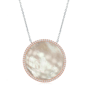 Sterling Silver Mother of Pearl Disc with CZ Border Necklace - Rose Gold Plated - 16 Inch - M-5854