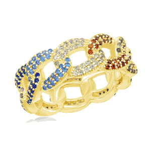 Sterling Silver Multi-Color CZ Essential Cuban Link Ring - Gold Plated - Size 7 - W-2443-GP-7