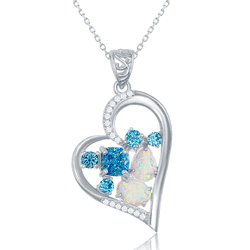 Sterling Silver Multi-Shaped Blue CZ & White Opal with CZ Border Heart Pendant  - K-7794