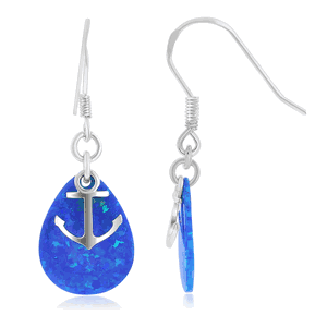 Sterling Silver Opal Teardrop and Anchor Fishhook Earrings  - D-6400