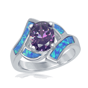 Sterling Silver Opal wOval Purple CZ Center Ring - Size 6 - W-9594-6