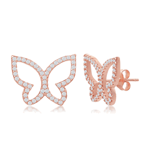 Sterling Silver Open Butterfly CZ Stud Earrings - Rose Gold Plated  - D-7301-RG
