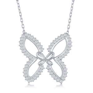 Sterling Silver  Open Butterfly with CZ Border Necklace - 16 Inch - M-5652