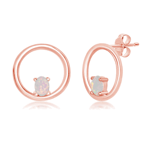 Sterling Silver Open Circle with Four-Prong White Opal Stud Earrings - Rose Gold Plated  - D-7228-RG