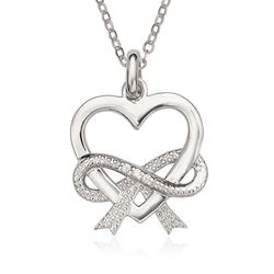 Sterling Silver Open Heart with Pave and CZ Bow Intertwined Pendant  - K-7068