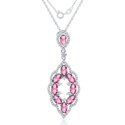 Sterling Silver Open Marquise with Created Pink Sapphire and White CZ Pendant WChain  - K-7523