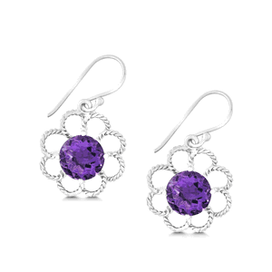 Sterling Silver Open Petal Flower with Center Round Amethyst Earrings  - D-5167
