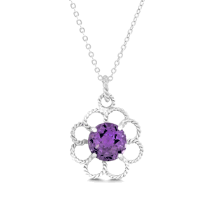 Sterling Silver Open Petal Flower with Center Round Amethyst Pendant  - K-6656