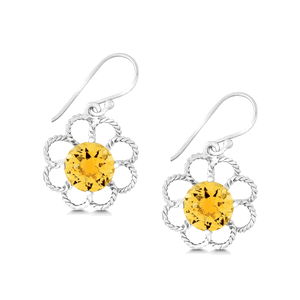 Sterling Silver Open Petal Flower with Center Round Citrine Earrings  - D-5168
