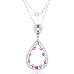 Sterling Silver Open Teardrop with Created Pink Sapphire and White CZ Pendant WChain  - K-7515