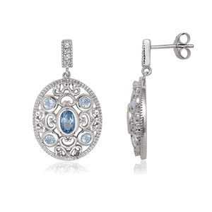Sterling Silver Oval Blue Topaz and White Topaz Earrings  - D-5329
