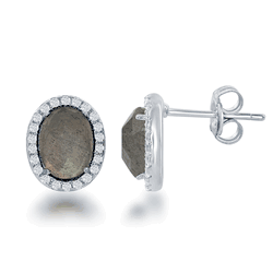 Sterling Silver Oval Green Labradorite with CZ Border Stud Earrings  - D-6188