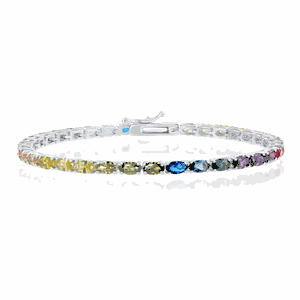 Sterling Silver Oval Rainbow CZ Tennis Bracelet - 7.5 Inch - T-7660