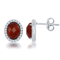 Sterling Silver Oval Red Carnelian with CZ Border Stud Earrings  - D-6190