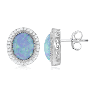 Sterling Silver Oval White Opal with CZ Border Earrings  - D-6558