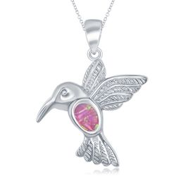 Sterling Silver Pink Inlay Opal Hummingbird Pendant  - K-7036
