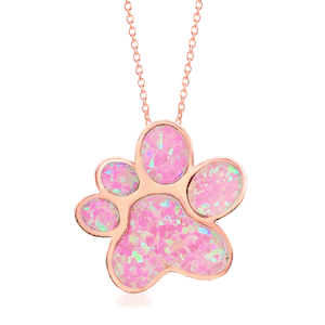 Sterling Silver Pink Inlay Opal Paw Print Pendant - Rose Gold Plated  - K-7934