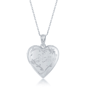 Sterling Silver Polsihed Designed Mom Heart Locket  - J-2736