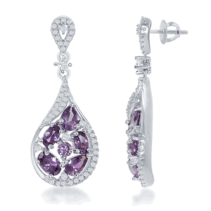 Sterling Silver Purple Multi Shaped CZ Teardrop Earrings  - D-6149