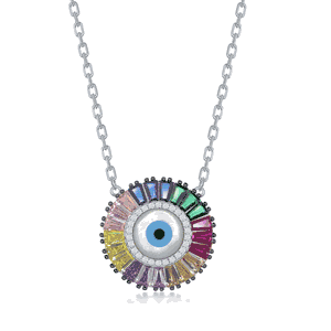 Sterling Silver Rainbow Baguette CZ Evil Eye Disc Necklace - 16 Inch - M-6368
