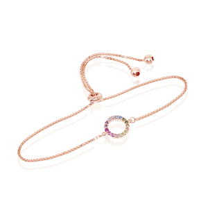 Sterling Silver Rainbow CZ Open Circle With Box Chain Adjustable Bolo Bracelet - Rose Gold Plated - 10 Inch - T-7664-RG