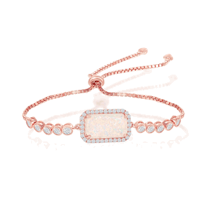 Sterling Silver Rectangle White Opal with CZ Border Adjustable Bolo Bracelet - Rose Gold Plated  - T-7691-RG