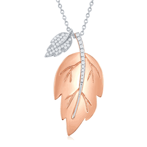 Sterling Silver RG Shiny Leaf with Smaller Rhodium Micro Pave Leaf Necklace - 16 Inch - M-5938-TT