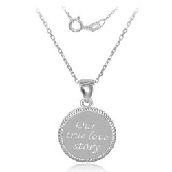 Sterling Silver Rope Border Disc Our True Love Story Pendant  WChain  - J-2579