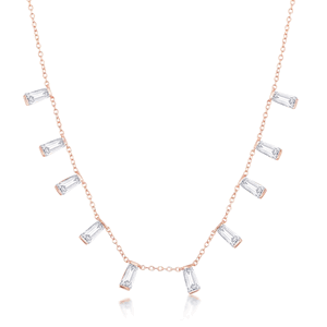 Sterling Silver Rose Gold Plated Dangling Baguettes Necklace - 16 Inch - M-6052-RG