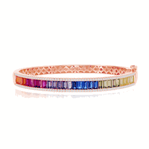 Sterling Silver Rose Gold Plated Rainbow Baguette CZ Bangle  - U-6641