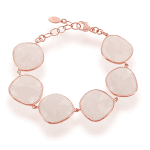 Sterling Silver Rose GP Rounded Square Rose Quartz Bracelet - 8 Inch - T-7335