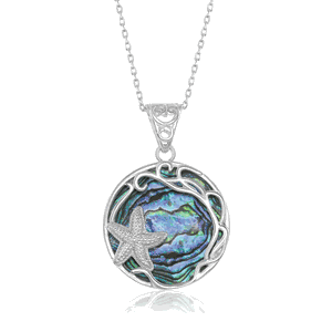 Sterling Silver Round Abalone with Starfish & Filigree Design Pendant  - K-8399