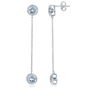 Sterling Silver Round Bezel-Set Blue Topaz with Hanging Chain Bezel-Set Blue Topaz Earrings  - D-6884