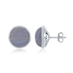 Sterling Silver Round Blue Lace Agate Bezel Set Stud Earrings  - D-6715