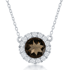 Sterling Silver Round Center Smoky with White Topaz Border Necklace - 16 Inch - M-5575