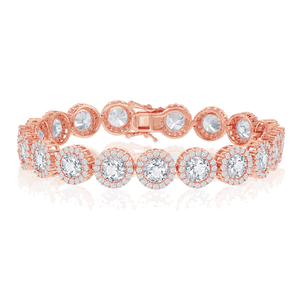 Sterling Silver Round Halo CZ Linked Bracelet - Rose Gold Plated - 7.5 Inch - T-7826-RG