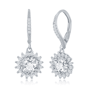 Sterling Silver Round Halo Flower CZ Dangling Earrings  - D-7471