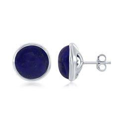 Sterling Silver Round Lapis Bezel Set Stud Earrings  - D-6717