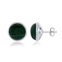 Sterling Silver Round Malachite Bezel Set Stud Earrings  - D-6713
