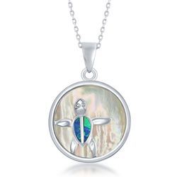 Sterling Silver Round MOP with Blue Inlay Opal Turtle Pendant  - K-7508